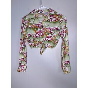 1970s Green Hawaiian Clouds Bridge Disco Dagger Collar Crop Top Belly Shirt XL